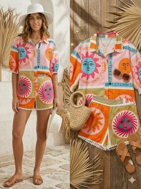 NWT Commense Sun Print 2 Piece Set XL -Scallop Trim Button Up & High Waist Short